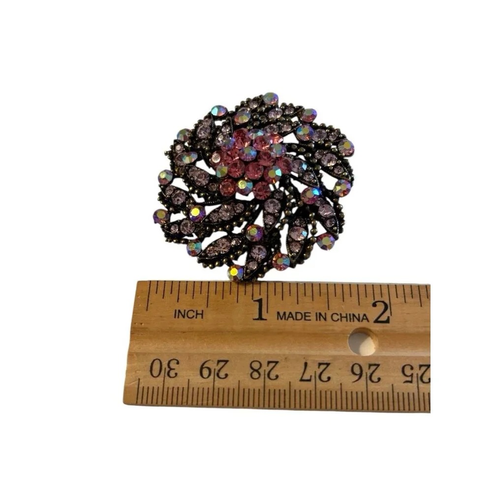 VTG Layered Flower Brooch Pin Pendant‎ Cluster Pink AB Rhinestones Spiral Domed